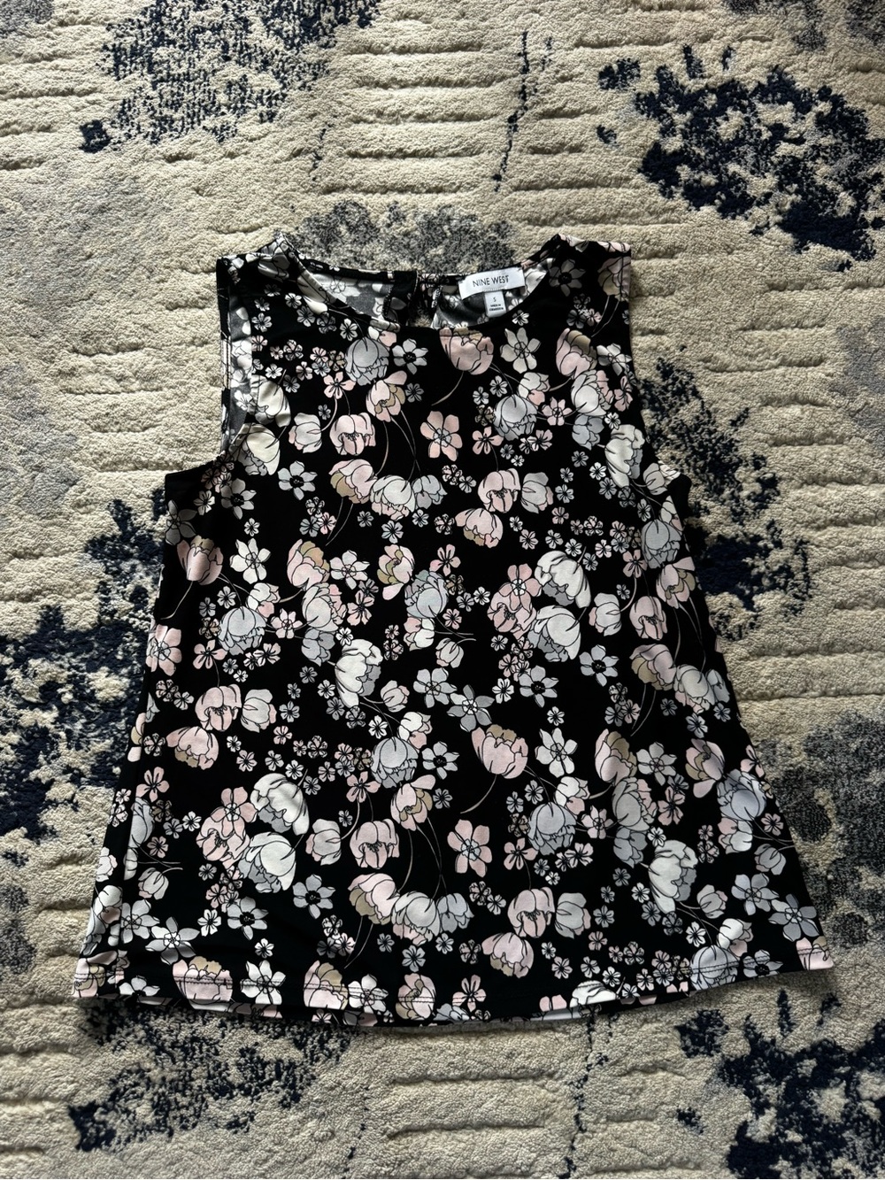 Nine West Black Floral Sleeveless Top with Pink and White Flowers